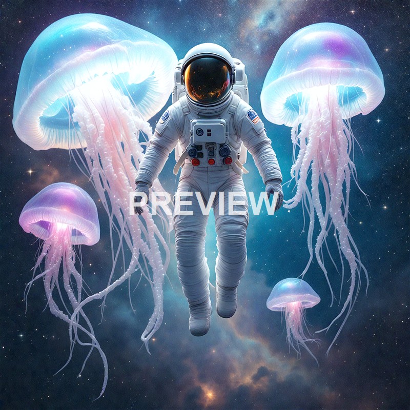 An astronaut floating in space surrounded by glowing, translucent jellyfish with a starry nebula background.